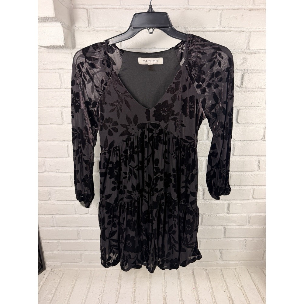 Velvet Burnout Taylor Size 4 Black Floral Tiered Long Sleeve Mini Dress